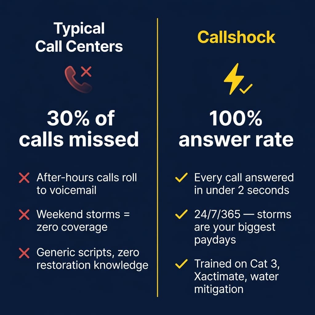 Comparison: Typical call centers miss 30% of calls vs Callshock with 100% answer rate, 24/7/365 coverage, and restoration-specific training